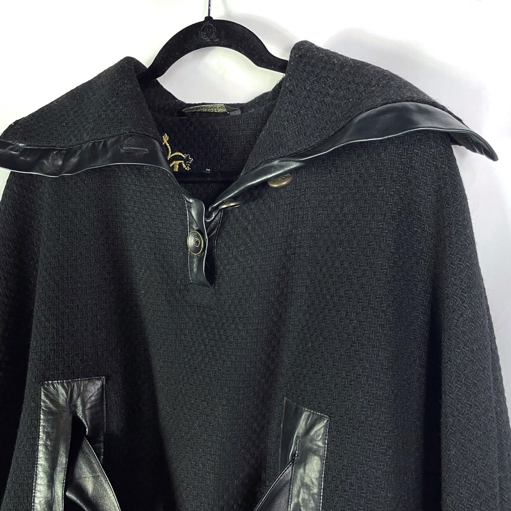 Mackage Poncho Wool Blend Black Leather Trim Belted Cape Collared Sz XS Women's - Picture 2 of 11